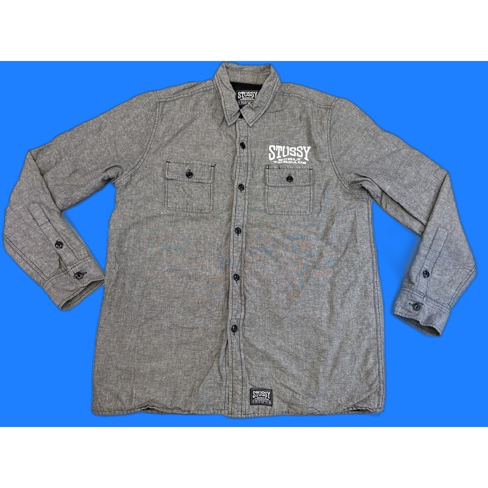 STUSSY Burly Threads Button Up Shirt Mens Large Gray Solid Long Sleeve Collared
